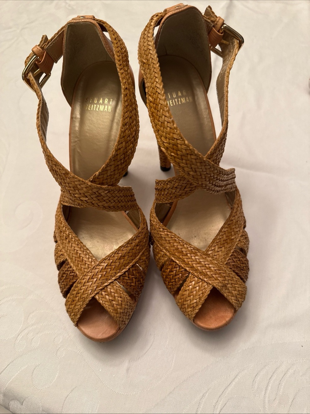 Stuart Weitzman Woven Tan Leather Crisscross Peep-Toe Heels